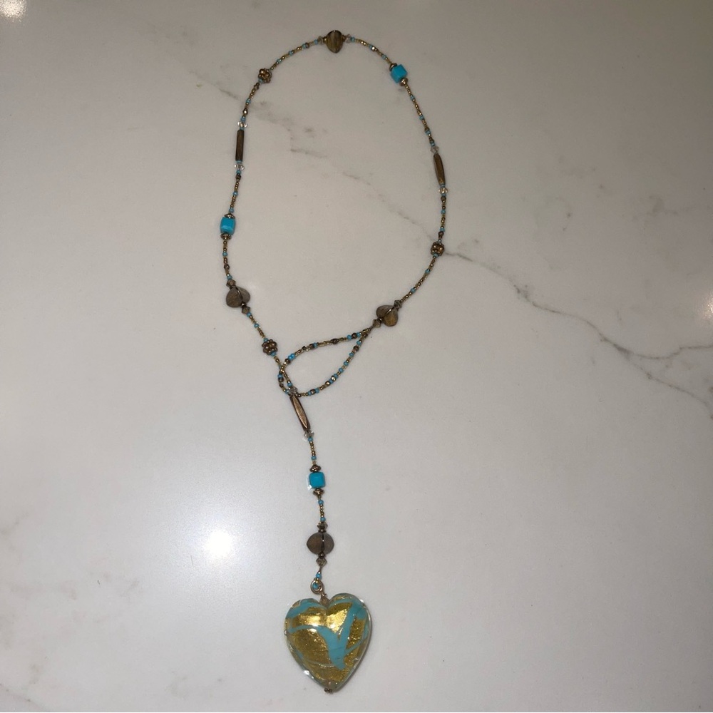 Handmade Gold & Turquoise Heart Pendant Necklace - Women's Jewelry - Picture 8 of 11